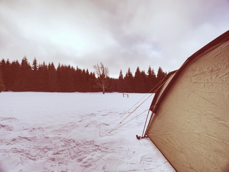 Light tent set on the snow in the winter forest in the mountains. Oversleep in snowy landscape.の写真素材