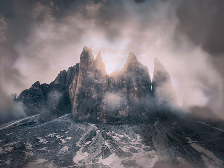 Hike tour bellow Tre Cime di Lavaredo, Cadini di Misurina range in National Park, Italy. Hipster...
