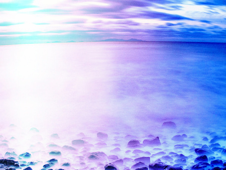 Romantic atmosphere of sea. Peaceful morning sea level with stones in peaceful sea level. . Hipster filter.の写真素材