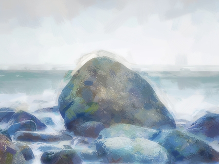 Oil painting effect. Coast of the sea, ocean. Stones on the shoreline. Blue silent waterの写真素材