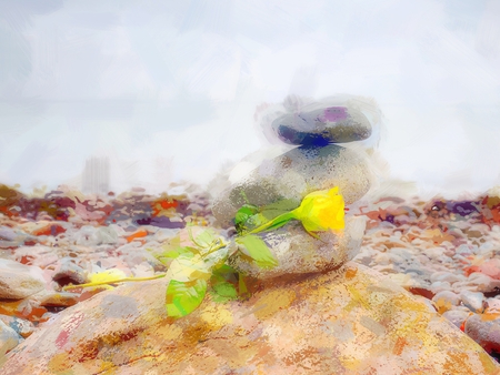Oil painting effect. Beautiful seascape sea horizon and norwegian stone coastline, long exposureの写真素材
