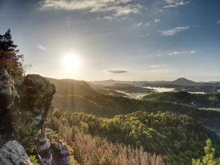 Rocky mountains above landscape  covered with green forest in clear summer daybreak. Landscape of hilly mountains in Europeの写真素材