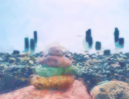 Oil painting effect. Balanced stone stacks on shore of smooth sea water level. Blue evening sky in water mirror. Children built pyramidの写真素材