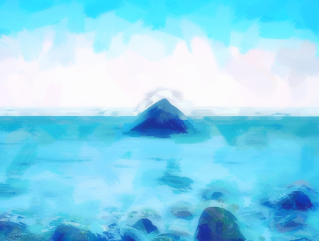 Oil painting effect. Impressive atmosphere of evening sea. Peaceful sea level with stones in smoky sea level. Bright horizonの写真素材