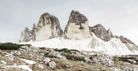 Popular range of Tre Cime di Lavaredo, aka Drei Zinnen. The sharp rock formation in Dolomites, Italyの写真素材