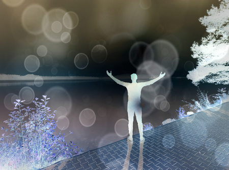 Abstract, over filtered. Man is engaged in training by fitness, develops and stretching muscles at...
