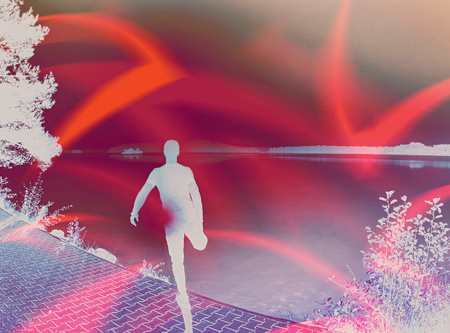Abstract, over filtered. Young male runner jogging during outdoor workout at lake.  Weight loss sport lIfestyleの写真素材
