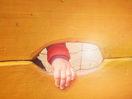 Wooden board of an artificial rock climbing wall with toe and hand hold studs.の写真素材