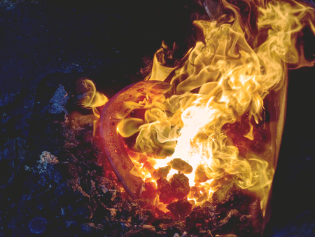 Heating of horseshooe. Mobile fireplace - coal forge with extremly hot fire used by blacksmithの写真素材