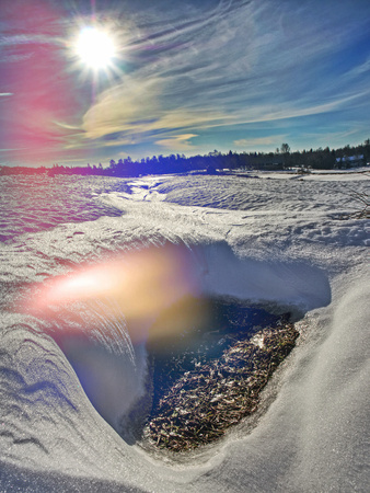 Magical winter snow covered ground. The winter ground is frozen on the front. Bokeh light effect, soft filter.の写真素材