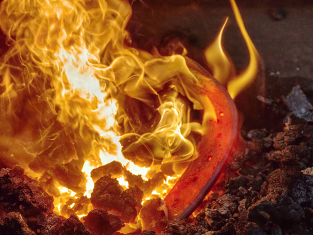 Iron bar heating in old fashioned blacksmith furnace with burning coals