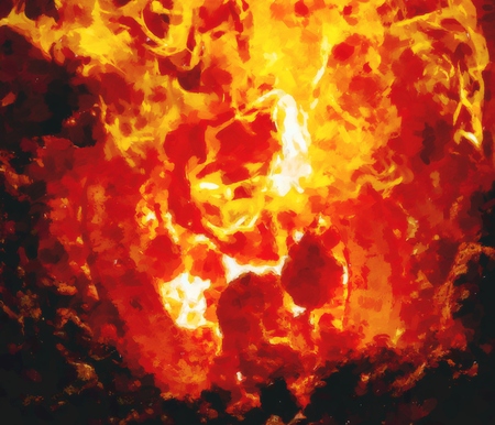 Effect watercolor paint. Heating process of metal  bar on the hot coals for forging horse shoe on...