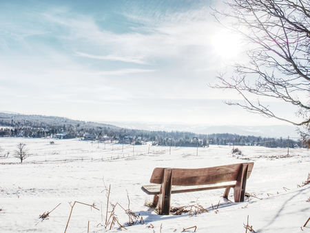 Wooden bench  on hill covered in snow with a Christmass wintery and snowy backgroundの写真素材