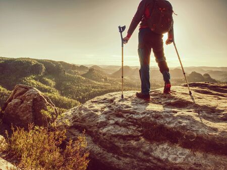 Man with crutches and strong will. Disabled tourist successfully climb  in park. Hiker man is celebrate alone attachment of his target.の写真素材