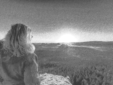 Girl sitting on stone beside peaks under sunbeams enjoying scenic terrain. Black and white dashed pencil sketch effect.の写真素材