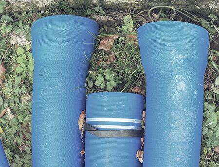 Blue Plastic Pipes For New Water System ready in stock at construction side. HDPE tubes
