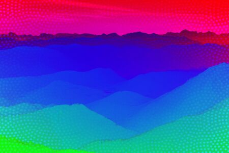 Mountain range silhouette. Outline shape of the mountains. Decorative element for page design. Blue mountains with smooth peaks. Gradient from mountain border. Abstract filter.の写真素材