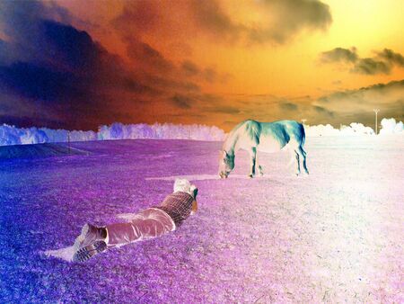 Photographer with Icelandic Horse that wanted grazzing close.   Abstract filter.の写真素材