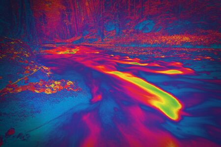 Defocused autumn river embankment, vivid bright colors, watercolor effect Abstract filter.の写真素材