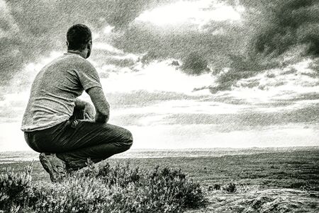 Traveler Man on Rocky Edge with Flat Landscape on Background. Dashed pencil sketch effect.の写真素材