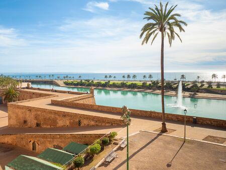 View pool in Parc de la Mar from gothic  Cathedral of Santa Maria. Visit famous Palma de Mallorca, Spain. 29th of January 2020.の写真素材