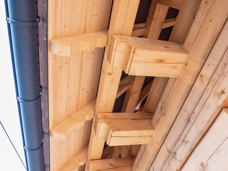 Wooden spruce beams, trusses of wooden house. Natural smell wood, good carpenter work. Roof trusses...