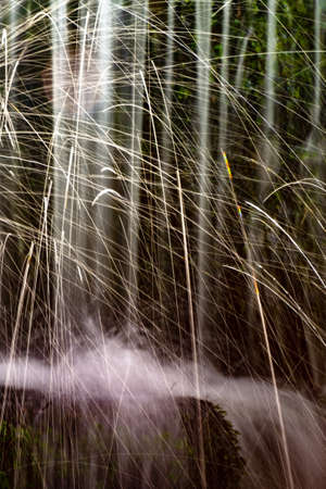 Water droplets spraying from a fountain on green stony background of weir wall and detail and contrast.の写真素材