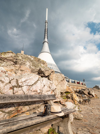 Voigtlander Superb camera on mountain Jested. 16th of September 2020, Czechia. Classic film camera and on stone bellow Jested mountain peak. Classic photographers event.のeditorial素材