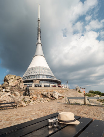 Photo walk with analog vitage Minolta camera and Jested mountain. 16th of September 2020, Czechia The dominant Jested tower in space racket shape on the rocky summit.のeditorial素材