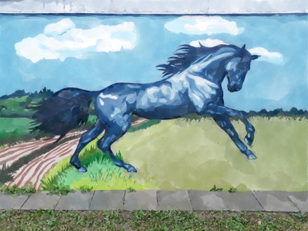 Blue horse jumping on the agricultural hilly meadow. Muddy country road in background. Watercolor paint on outdoor electric device buildingのeditorial素材