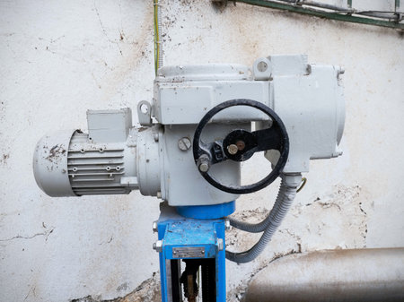 Sludge pipe valve for biogas production. Remote controlled via servo drive. Automatic control of hot sludge in the digestion tank.の写真素材