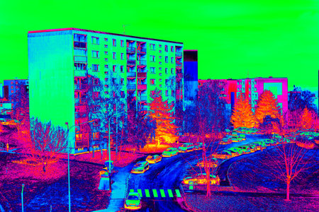 Flat house in cold surrounding scan. Thermal color spectrum scale. Infra or thermography photoの写真素材
