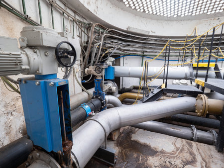 Knife gate valve remotely controlled by servo drive engine in sludge pipe. Underground control...