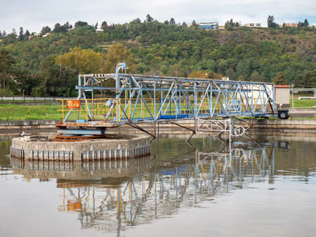 Origin town wastewater and sewage treatment plant with circle aeration tanks. Sedimentation Tank....