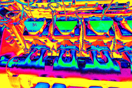 Hot cylinder block of a large diesel engine. Gamma radiation spectrum in simulator.の写真素材