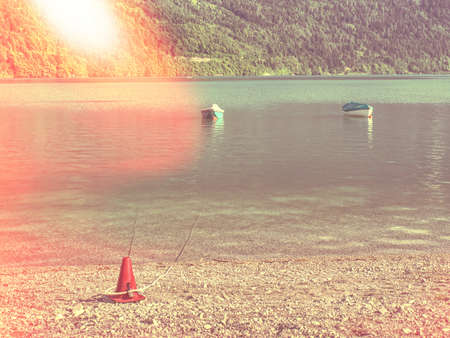 Beautiful view of the Lake in the Italian Alps, a spring day with dusk in the mountains. Abstract.の写真素材