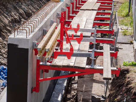 Reinforced concrete block, preparation to pour concrete. Formwork of the foundations of a building...