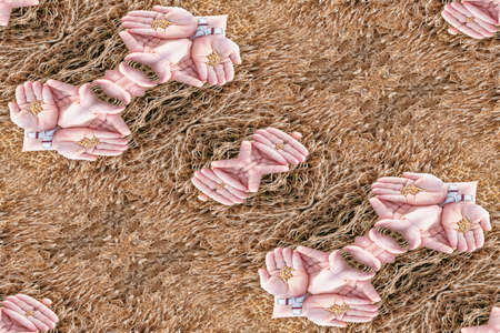 Fingers, hand palms and pink skin fragmens in Pink, brown, purple mandala, digital artwork for...