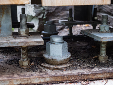 Steel plate based on anchor bolts on the concrete pillar, Footpath bridge base pillarの写真素材