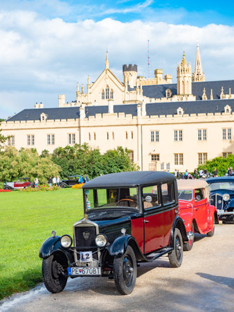 Palavsky Oldtimer, the vintage rally show in Lednice castle garden, Czechia. 28th of August, 2021. Historical cars open competition.のeditorial素材