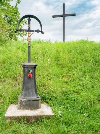 Wooden cross and a memorial at the site of the execution site. A place where he was executed with a sword or by hanging on a gallows, Zidlochovice, Czechiaの写真素材