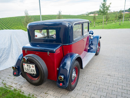 Palavsky Oldtimer, the vintage rally show at Winery Zajeci, Czechia. 27th of August, 2021. Rear view of vintage car Tatra 12. Historical cars open competition.のeditorial素材