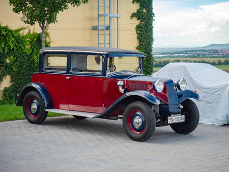 Palavsky Oldtimer, the vintage rally show at Winery Zajeci, Czechia. 27th of August, 2021. Red vintage Tatra 12. Historical cars open competition.のeditorial素材