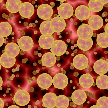 Bright pink and orange dangerous bacterias or virus spheres in animal blood. Beginning of infectionの写真素材
