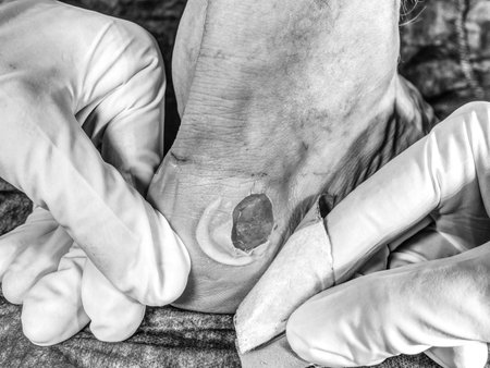 Small surgery on hurt leg, treatment of the wetting wound. Untouchable hot heel with burned skin. BW, Black and white,の写真素材