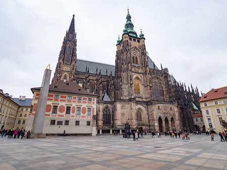 11th of December 2021. Saint Vitus temple, Prague castle, Czechia. Famous St. Vitus Cathedral Prague, Czech Republic. Winter eveningのeditorial素材