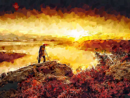 Landscape photographer in action taking picture. Silhouette man photographing against misty landscape. Watercolor paint.の写真素材