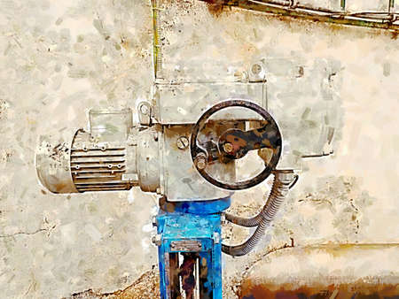 Sludge pipe valve for biogas production. Remote controlled via servo drive. Watercolor paint.の写真素材