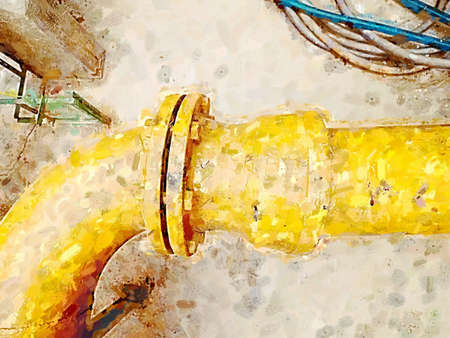 Yellow thick wall pipeline for warm sludge water in wastewater treatment plant. Watercolor paint.の写真素材