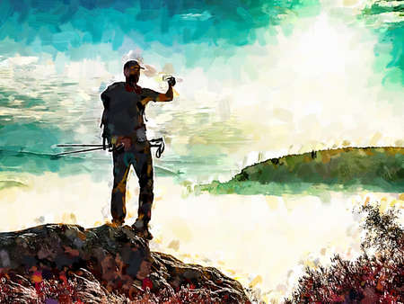 Man tourist photographing. Photographing with smartphone in hand. Watercolor paint.の写真素材